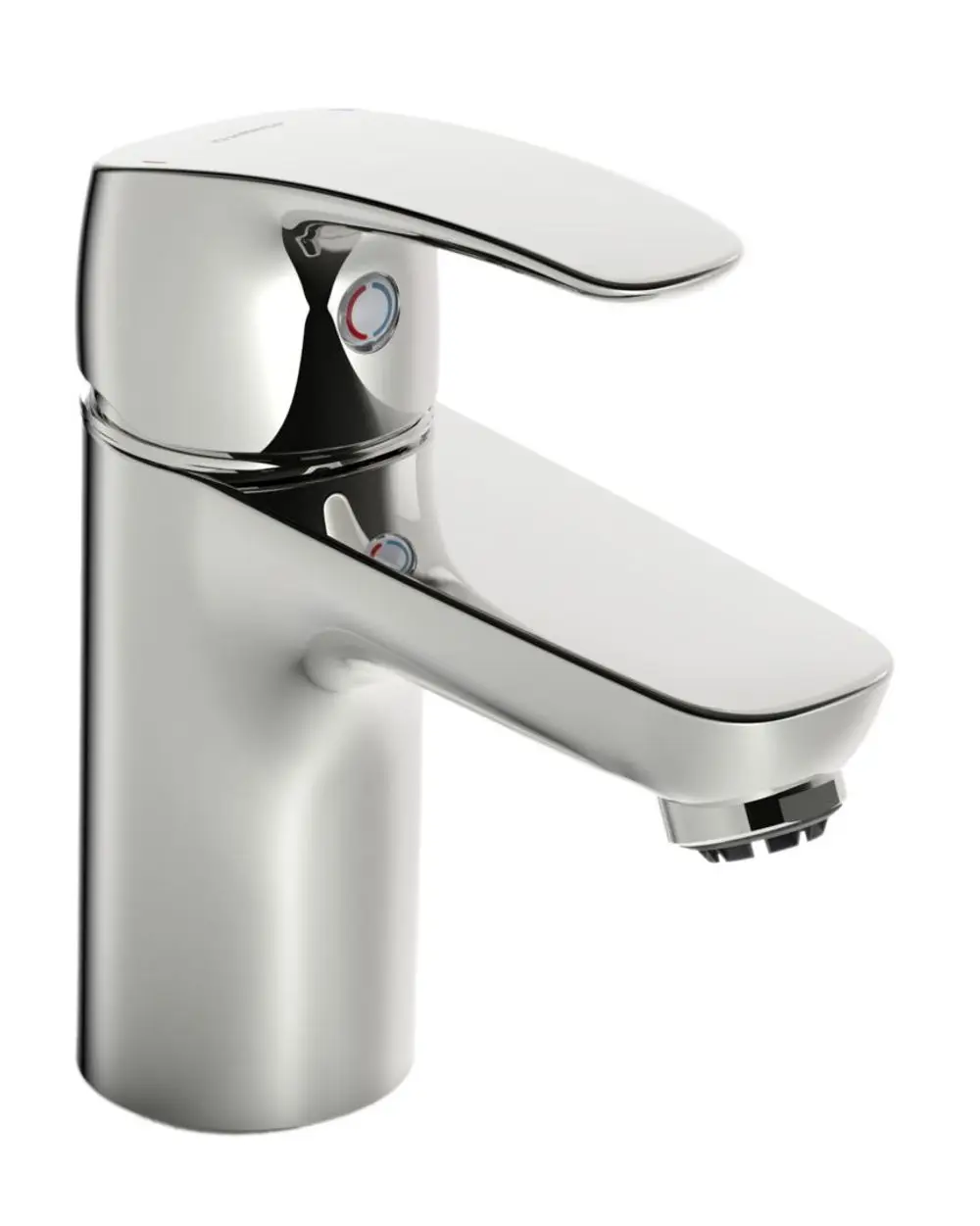 HANSAMIX Einhebelmischer mit hohem, glänzenden Chromfinish, der einen Wasserauslass bietet. Der Hebel zur Temperatur- und Durchflussregelung ist über der Deckplatte positioniert.